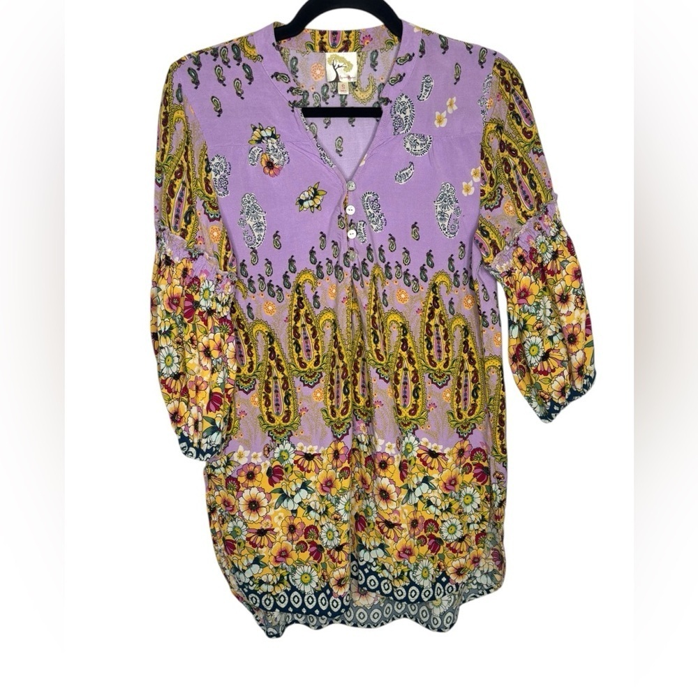 Anthropologie Fig & Flower Boho Paisley Multi Print Blouse Tunic Size Small